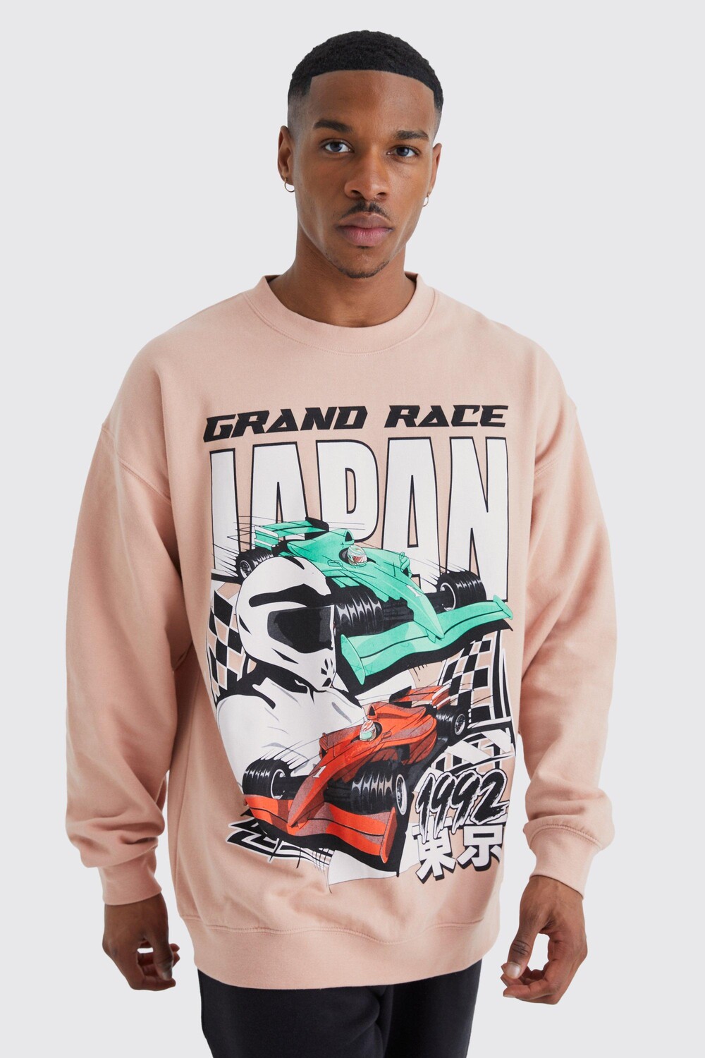 

Свитшот оверсайз с графикой japan motorsport Boohoo, розовый