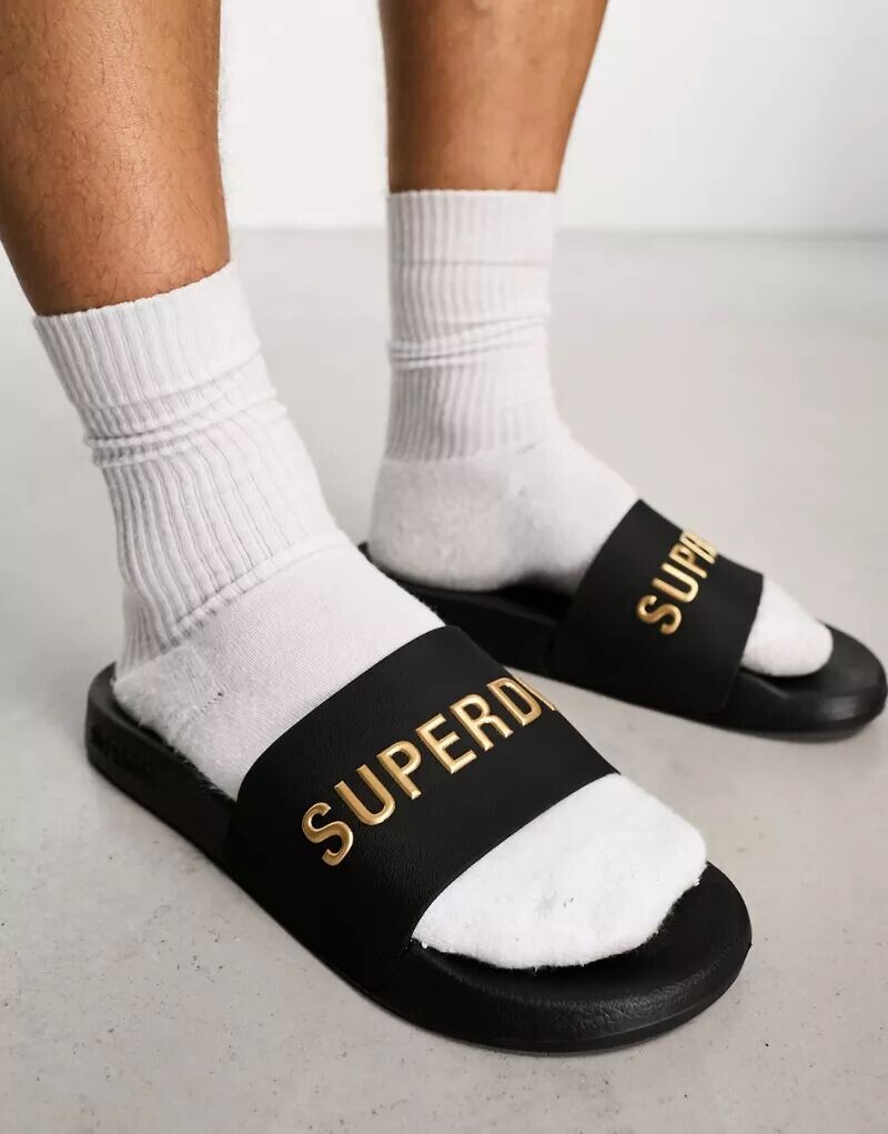 

Черные сандалии для бассейна с логотипом Superdry Vegan Code