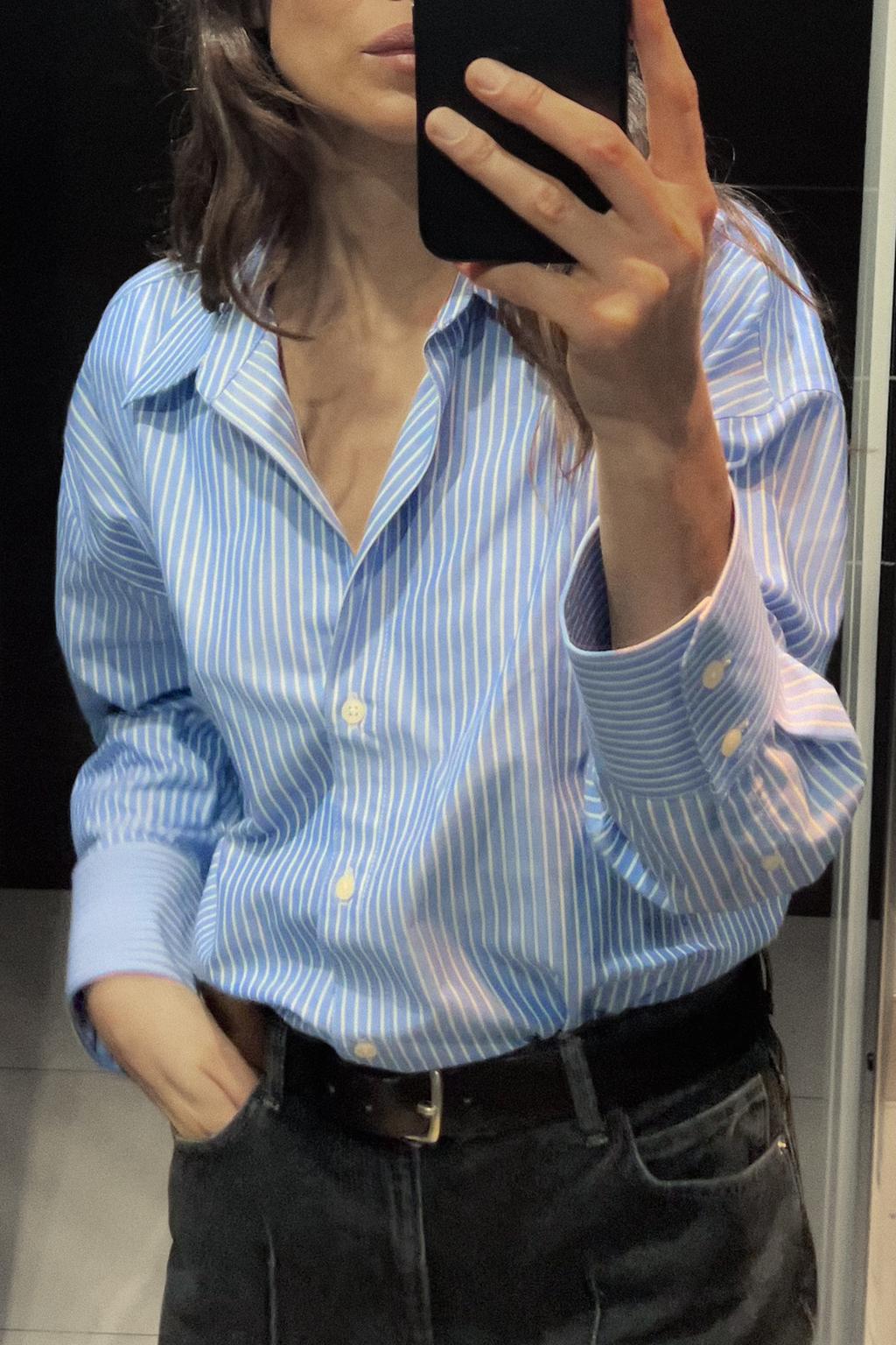 Оксфордская рубашка ZARA, темно-синий/белый мужская однотонная рубашка с длинными рукавами повседневная однобортная облегающая рубашка с воротником стойкой весна осень 2021