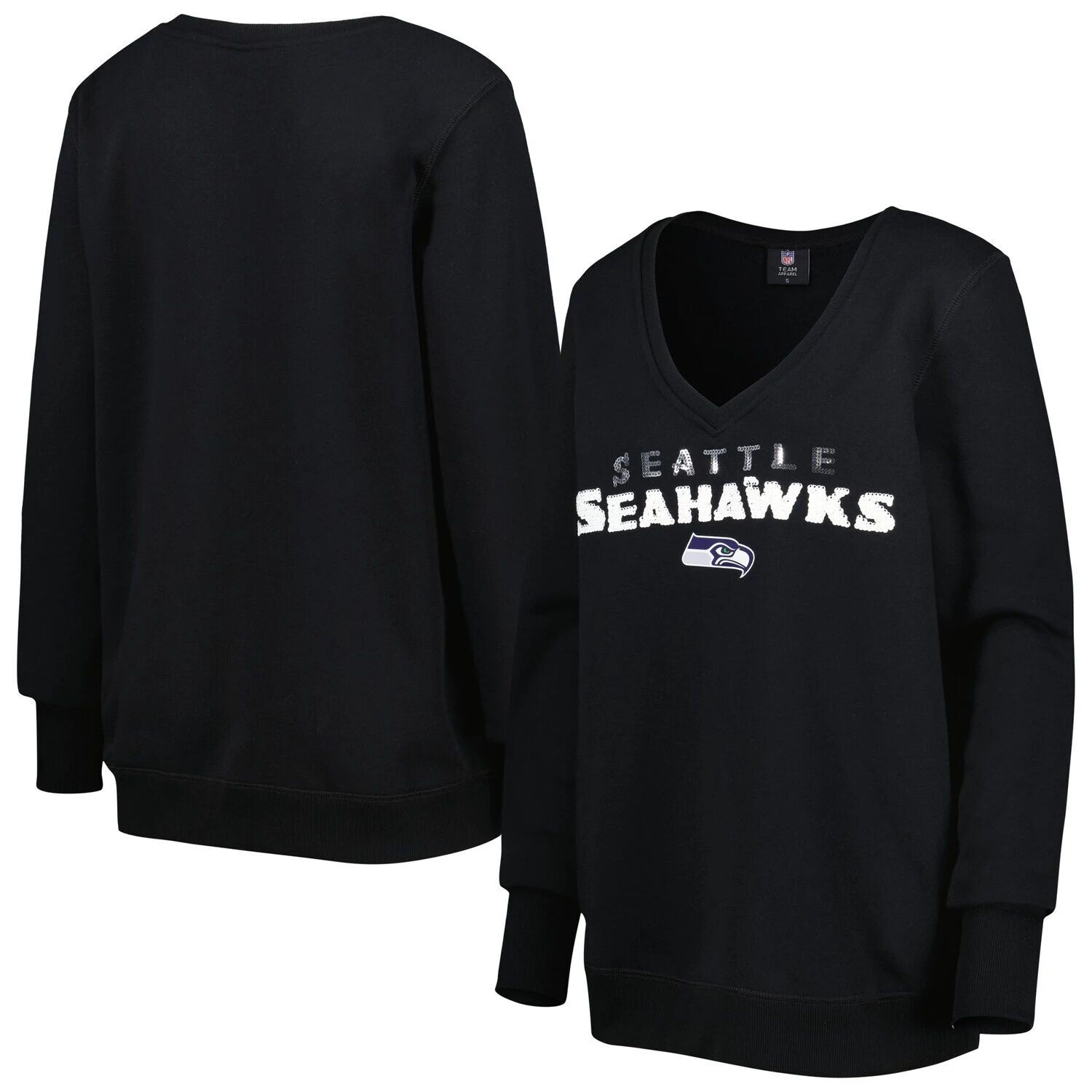 

Женский черный пуловер с v-образным вырезом и пайетками Cuce Seattle Seahawks