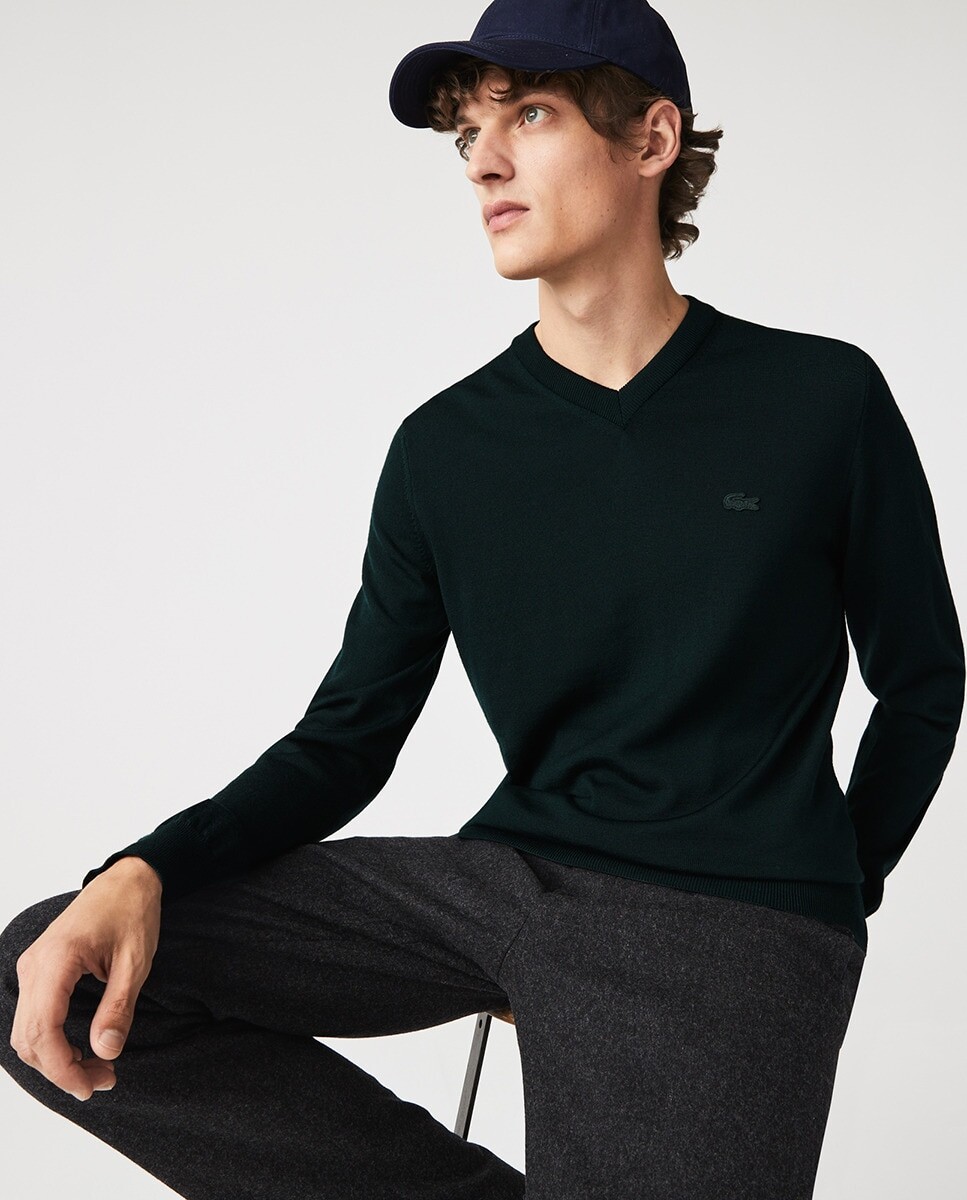 

Мужской свитер из шерсти мериноса с V-образным вырезом Lacoste, зеленый