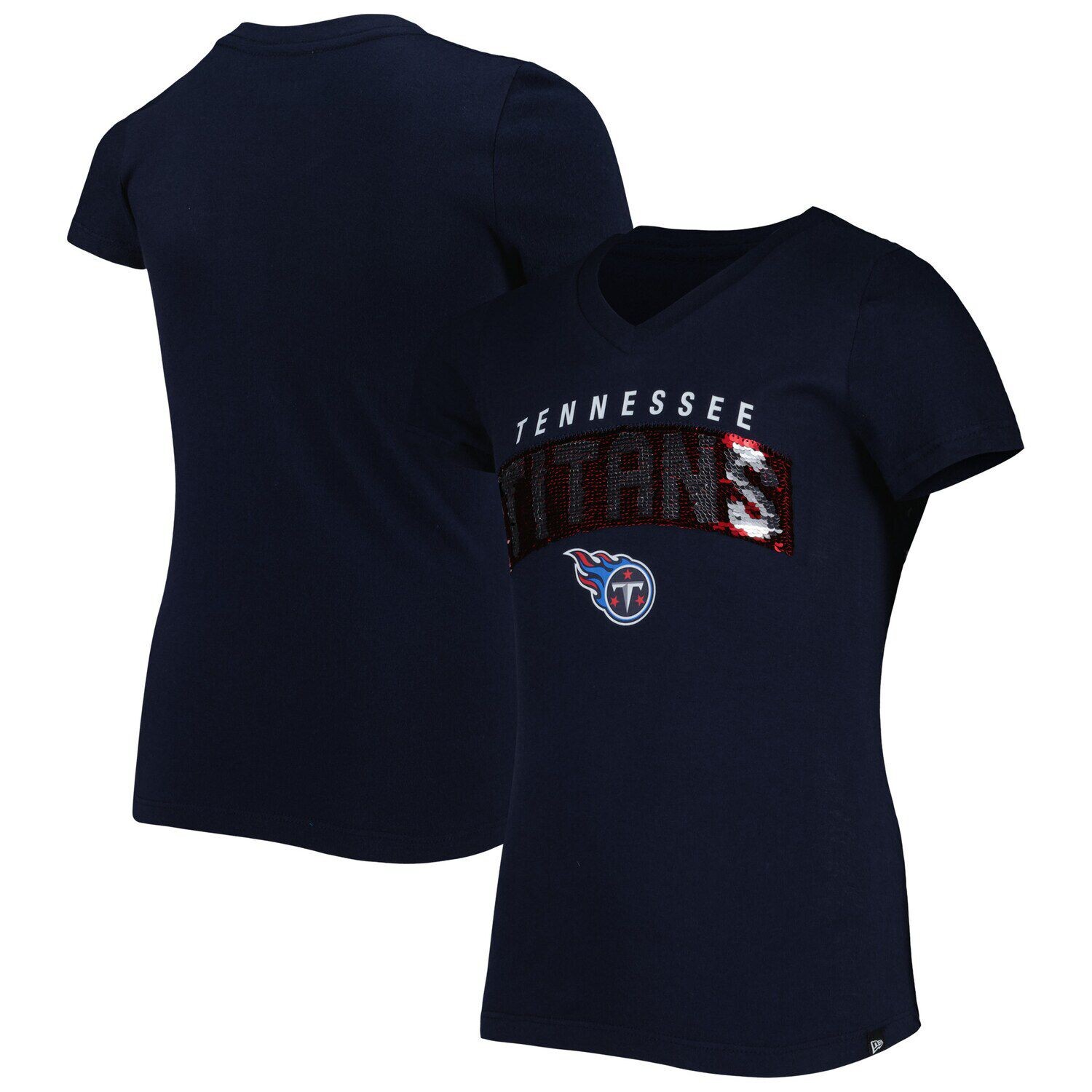 

Молодежная футболка New Era Tennessee Titans с обратными пайетками и надписью с v-образным вырезом New Era