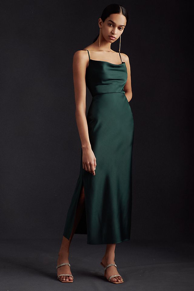 Платье-комбинация BHLDN Cali миди с воротником-хомутом, темно-зеленый цена и фото