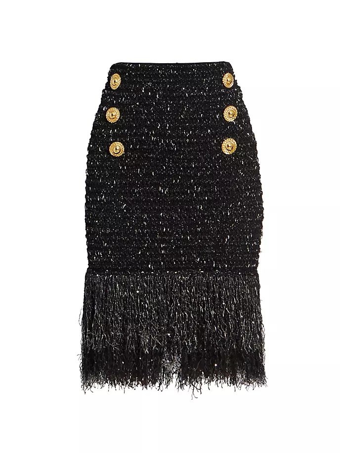 

Твидовая юбка-миди с бахромой Balmain, цвет black gold