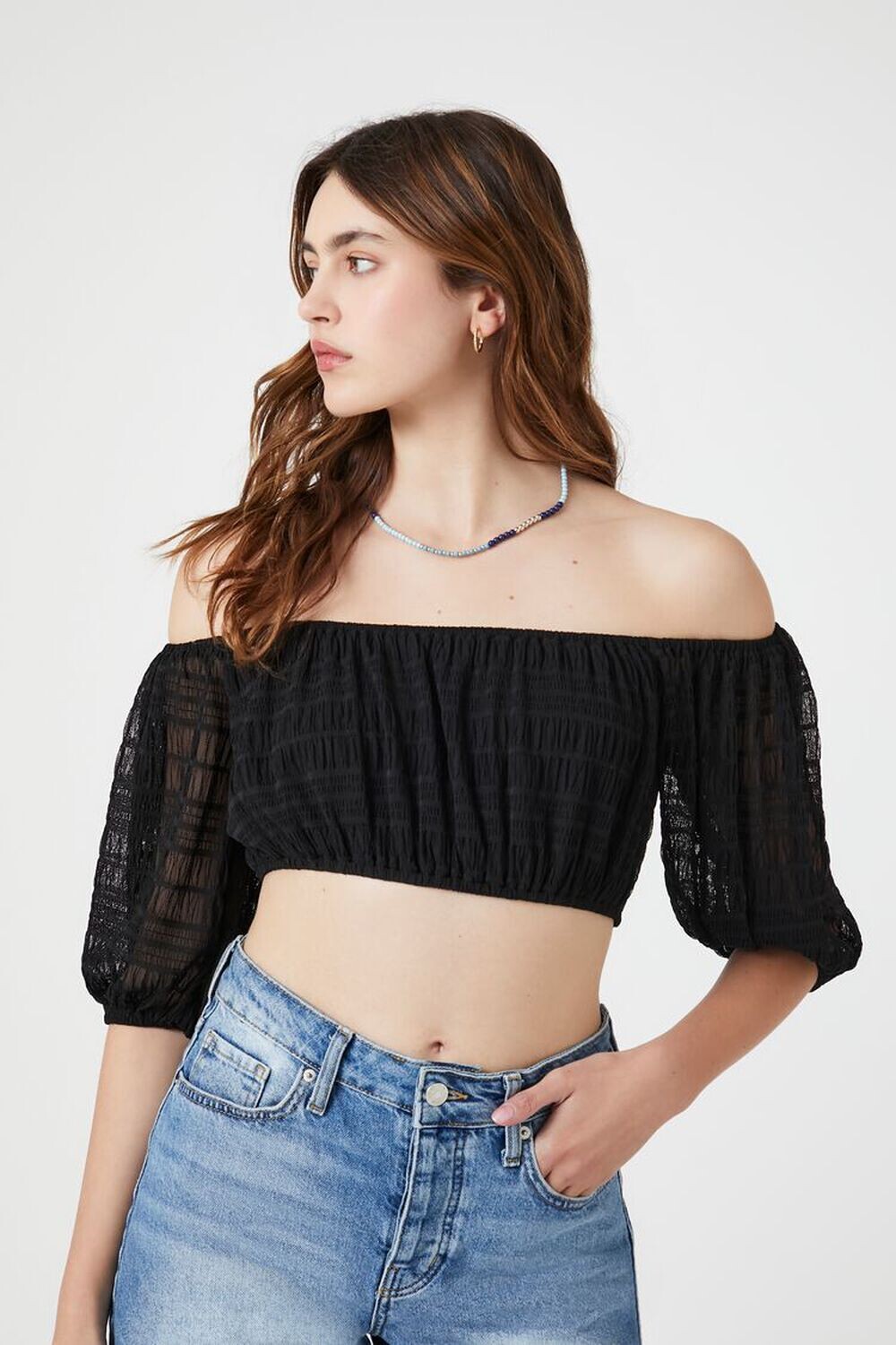 

Укороченный сетчатый топ с открытыми плечами Forever 21, черный