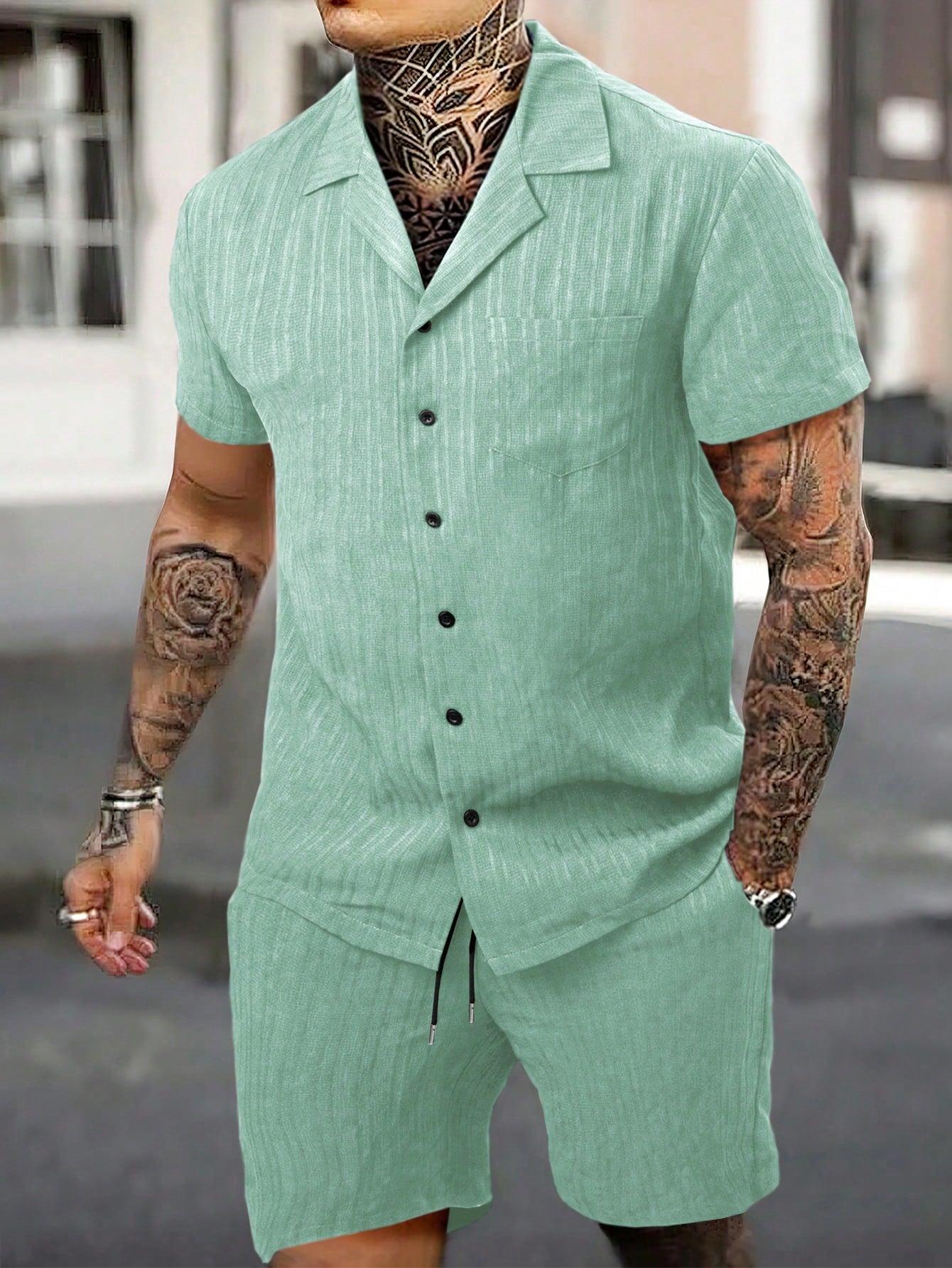 Мужская рубашка с коротким рукавом и шорты Manfinity Homme с однотонным контрастным воротником, мятно-зеленый рубашка поло мужская с коротким рукавом на пуговицах в полоску