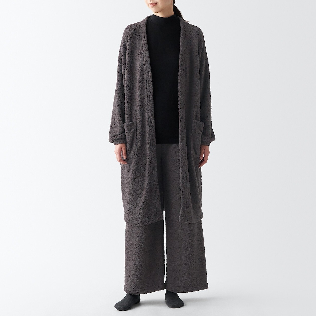 

Вязаный длинный кардиган из флиса MUJI, темно коричневый