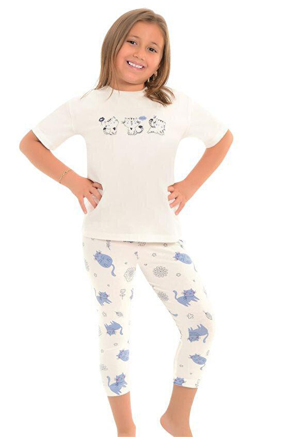 цена Хлопковые колготки с короткими рукавами и рисунком, пижамный комплект для девочек LITTLE FROG KIDS, экрю-беби-голубой