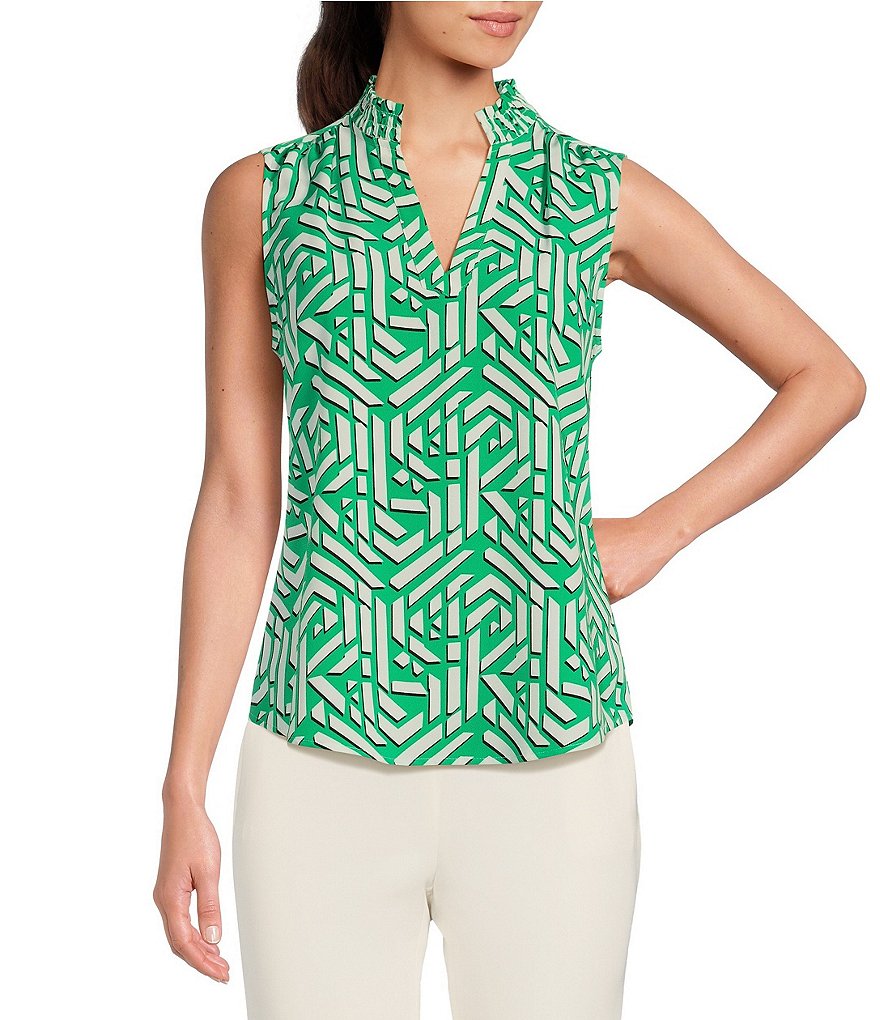 KARL LAGERFELD PARIS Блуза без рукавов с разрезом и V-образным вырезом с геометрическим принтом, зеленый