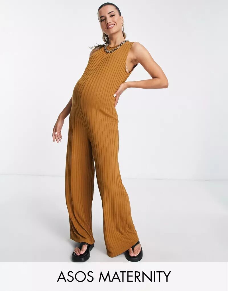 

Табачный комбинезон без рукавов в рубчик ASOS Maternity