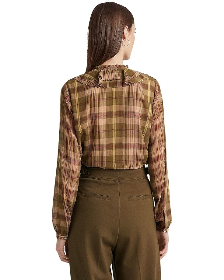 

Блуза LAUREN Ralph Lauren Petite Plaid Ruffle-Trim Georgette Blouse, цвет Olive Multi