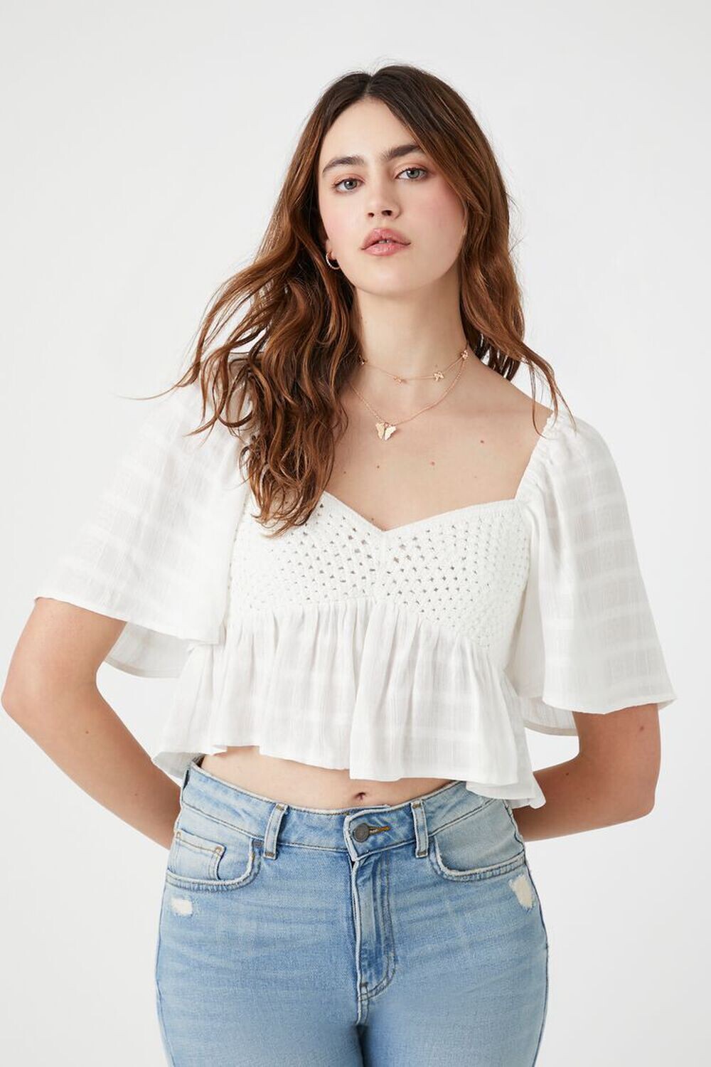 

Укороченный топ в клетку крючком Forever 21, белый
