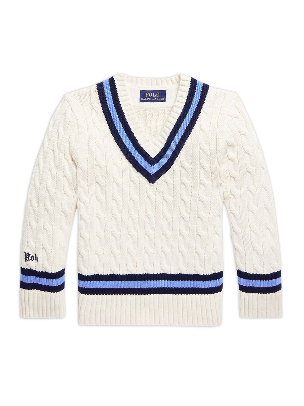 

Вязаный свитер косами для мальчика с v-образным вырезом Polo Ralph Lauren, нави