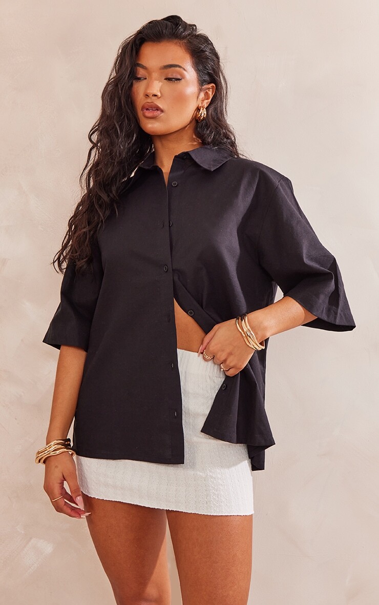 

PrettyLittleThing Черная льняная рубашка оверсайз с коротким рукавом
