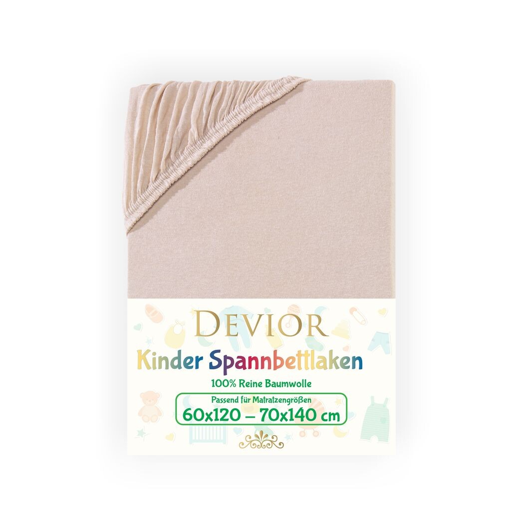 

Детская простыня Devior Jersey 60x120 - 70x140 см, бежевая простыня 100% хлопок, высота матраса до 12 см, резинка