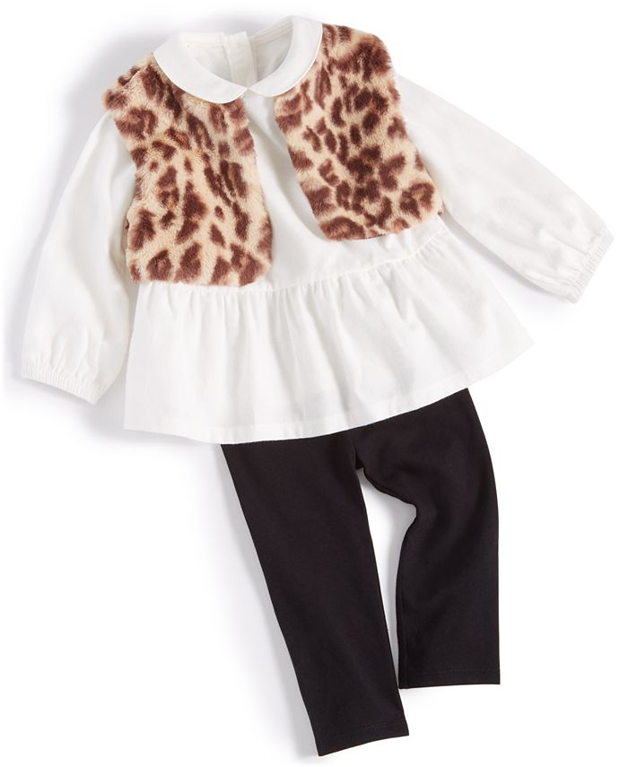 Леопардовый жилет из искусственного меха для маленьких девочек, топ с воротником и брюки, комплект из 3 предметов First Impressions, белый