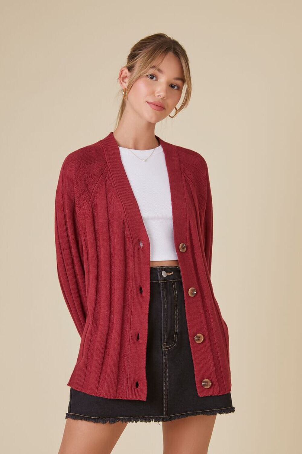 

Свитер-кардиган в рубчик Forever 21, бордовый, Красный