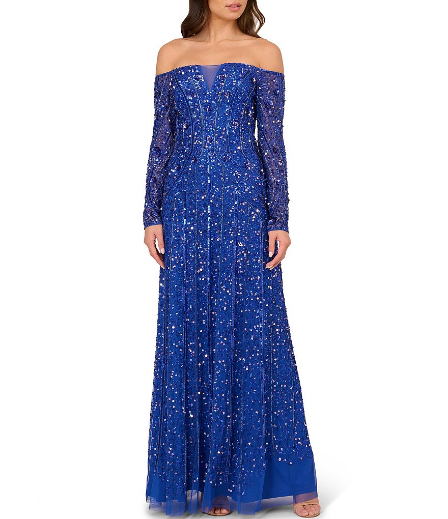 Adrianna Papell Сетчатое платье с открытыми плечами и длинными рукавами, расшитое бисером, синий 42992