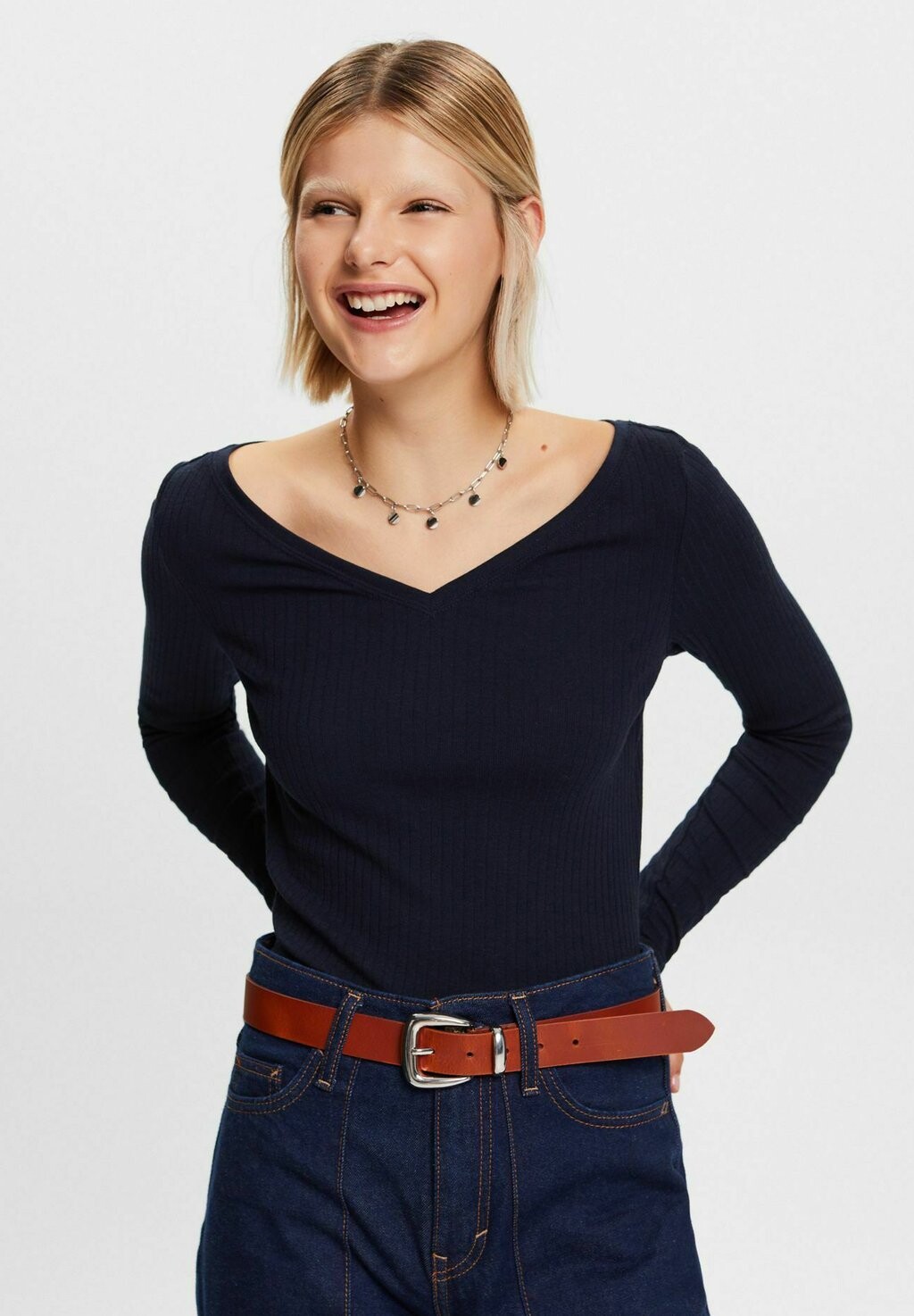

Футболка с длинным рукавом Esprit, темно-синяя, Синий