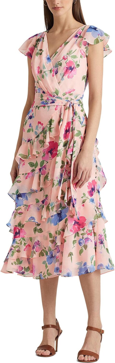 

Платье из жатого жоржета с цветочным принтом и поясом LAUREN Ralph Lauren, цвет Pink Multi