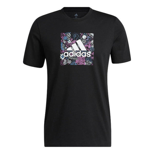 цена Футболка Men's adidas Cartoon Graffiti Alphabet Logo Pattern Printing Round Neck Short Sleeve Black T-Shirt, черный
