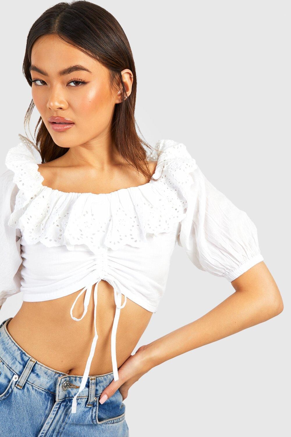 

Укороченный топ с ткаными люверсами и объемными рукавами Boohoo, белый