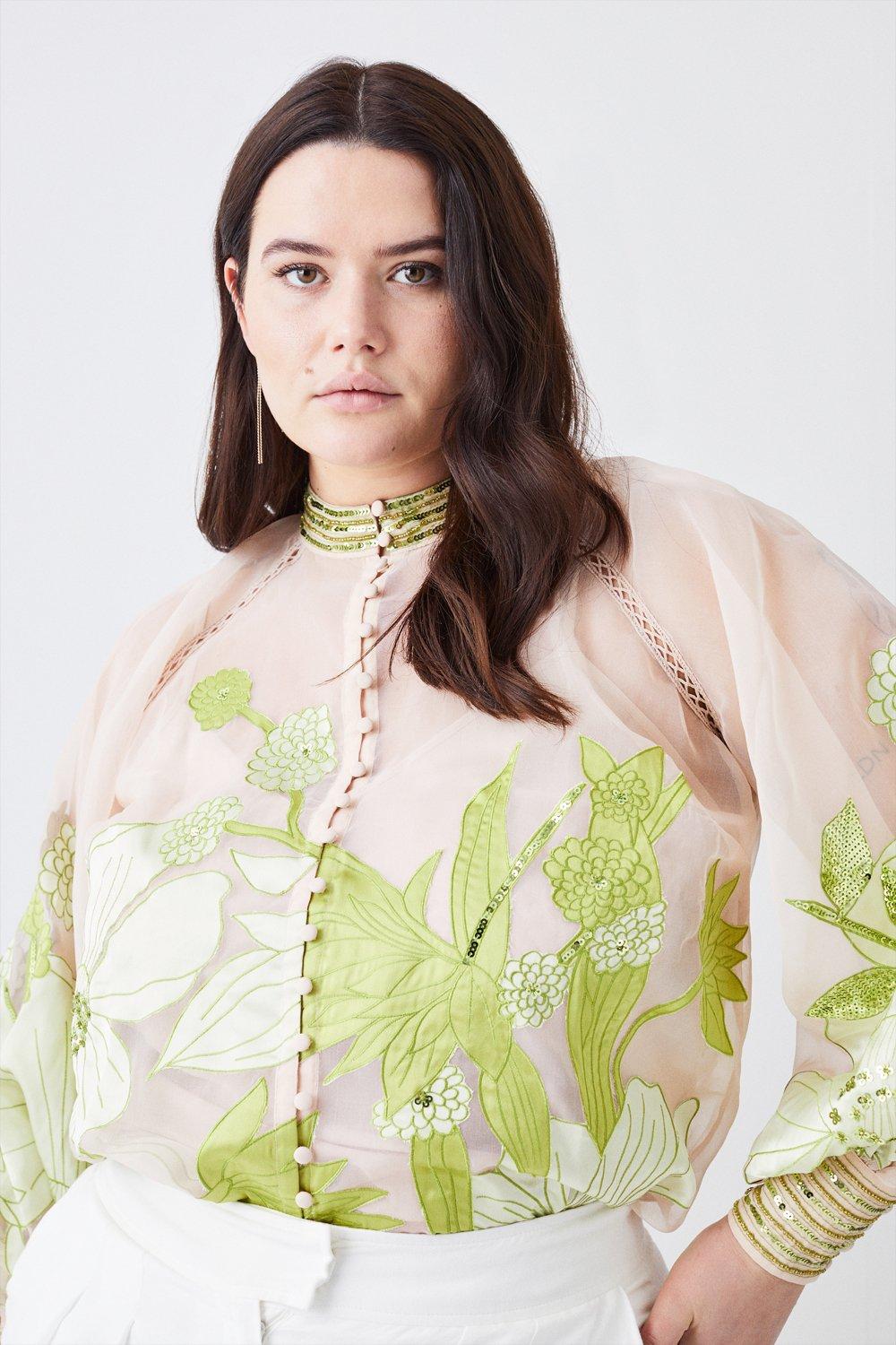цена Тканая блузка на пуговицах Plus с аппликацией из органди Karen Millen, зеленый