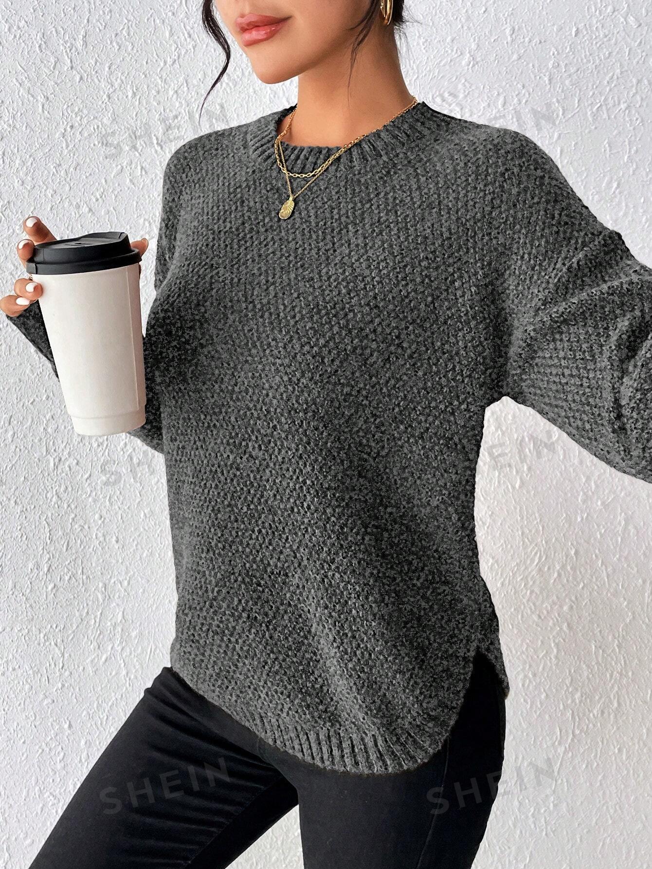SHEIN Essnce однотонный свитер свободного кроя с разрезом по бокам и заниженной линией плеч, темно-серый мужской однотонный повседневный свитер лидер продаж 2000 новая мода