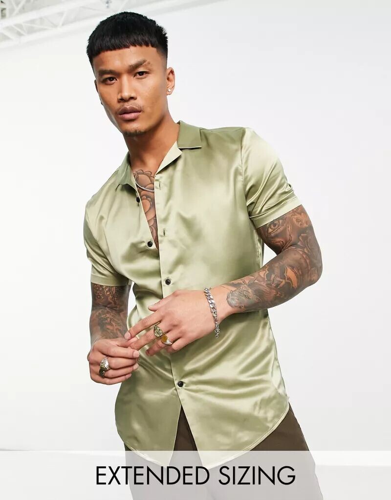 

Атласная рубашка скинни цвета хаки ASOS