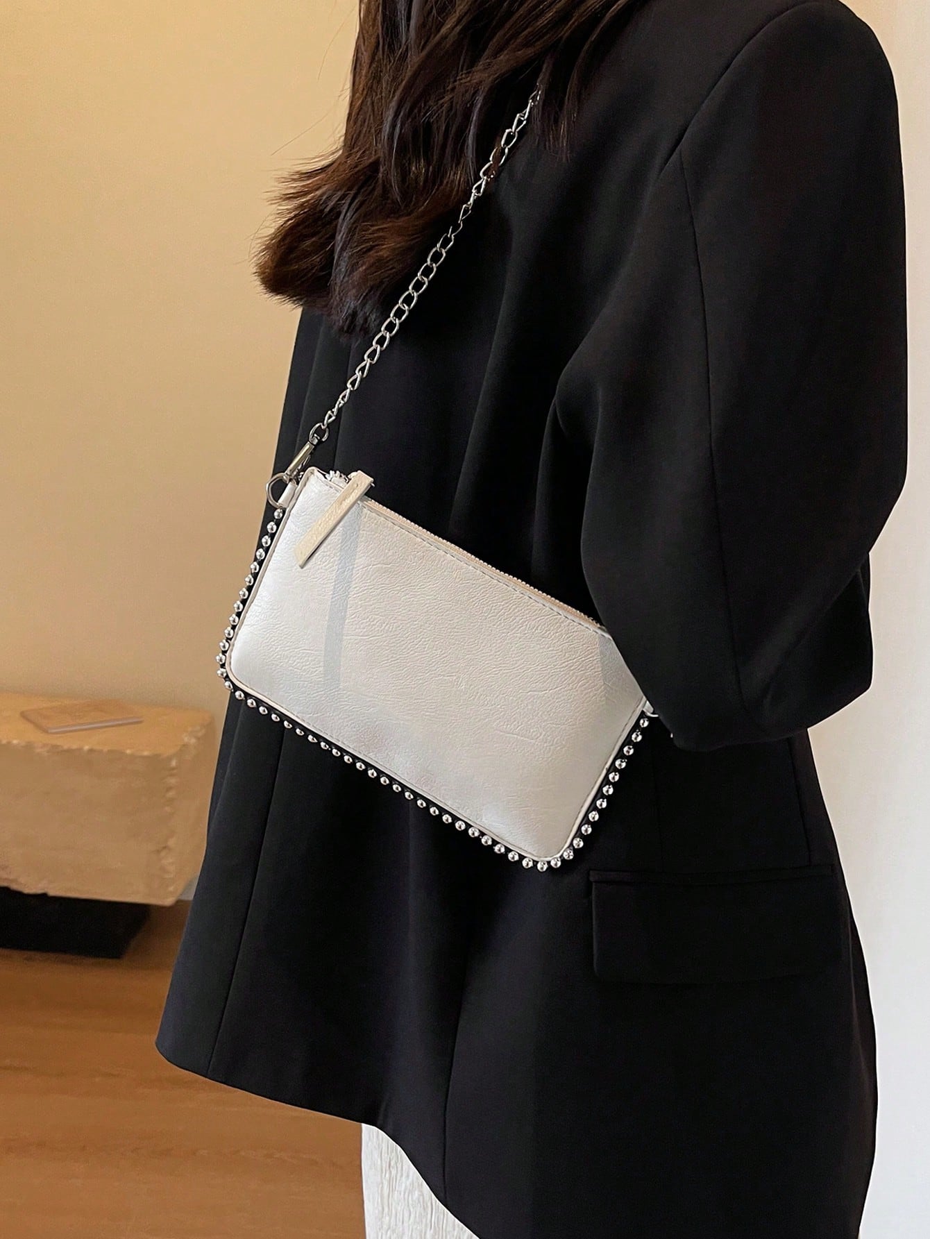 Женская сумка на цепочке из бисера с плечевым ремнем, белый