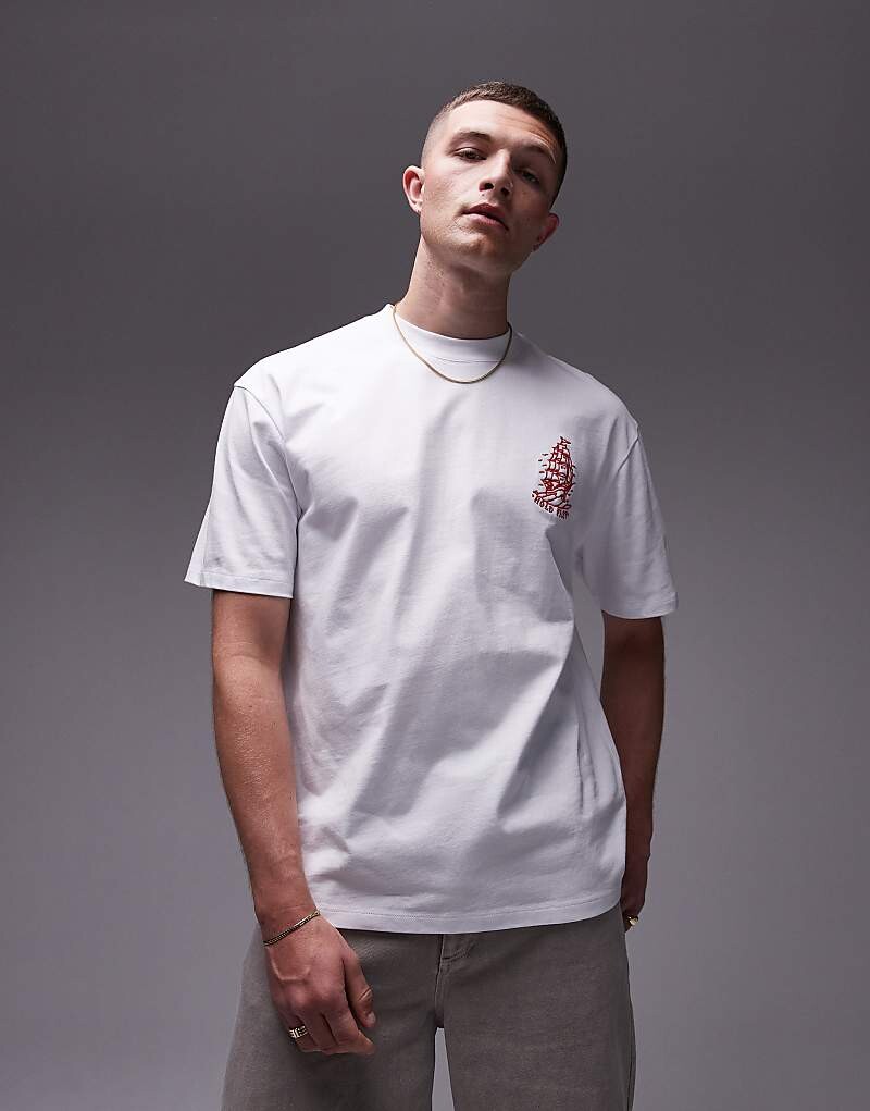 

Topman – Качественная футболка оверсайз белого цвета с корабельной вышивкой