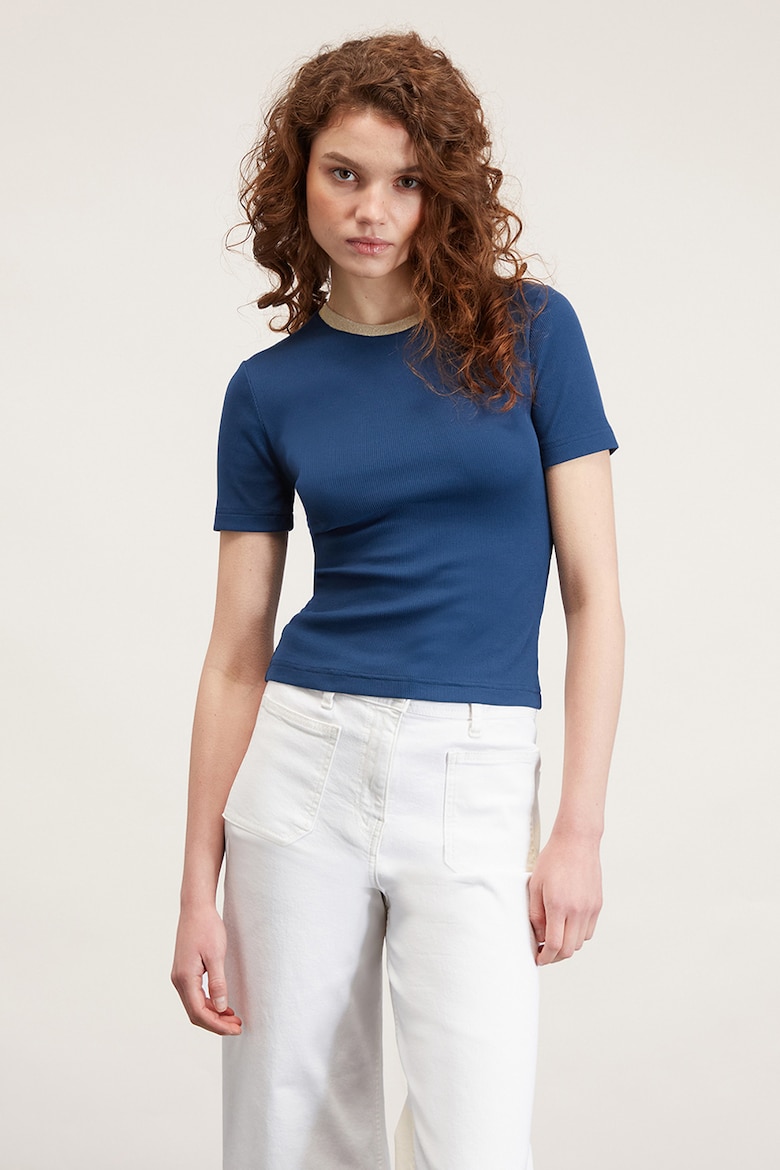 Хлопковая футболка с овальным вырезом Motivi, синий блуза в горошек с овальным вырезом motivi белый