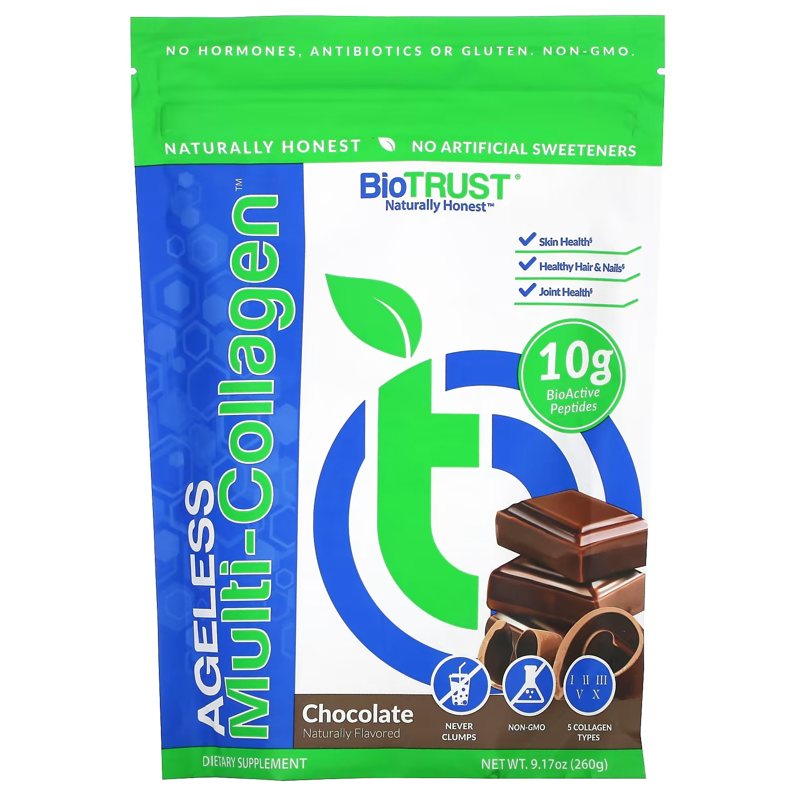Пищевая добавка BioTRUST Ageless Multi-Collagen со вкусом шоколада, 260 г пищевая добавка sunwarrior белковые пептиды для построения коллагена таитянская ваниль 500г