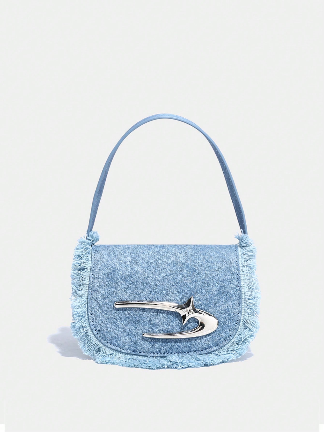 Джинсовая синяя мини-седельная сумка в форме полумесяца с бахромой и клапаном, синий