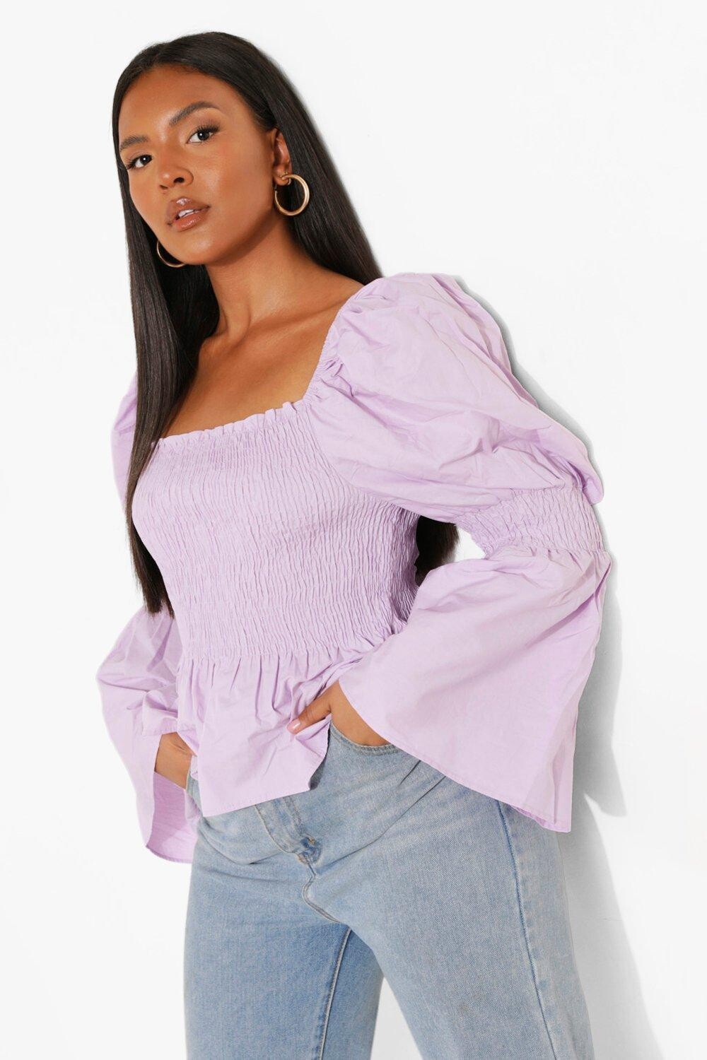 

Топ из хлопка с буфами и рукавами Boohoo, сиреневый