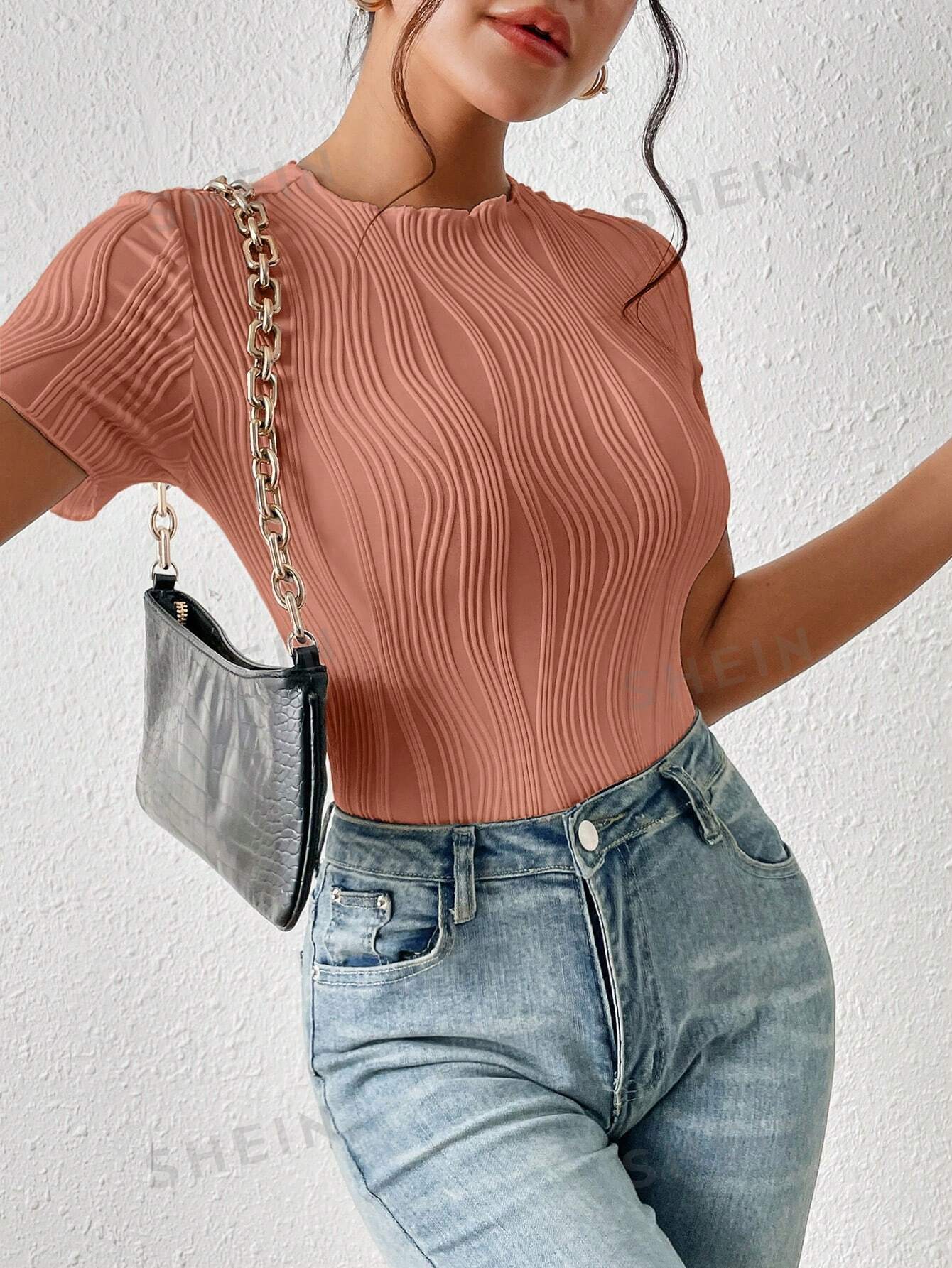 shein essnce трехцветное облегающее боди футболка с длинными рукавами многоцветный SHEIN Трикотажное боди из однотонной ребристой ткани Frenchy, пыльный розовый