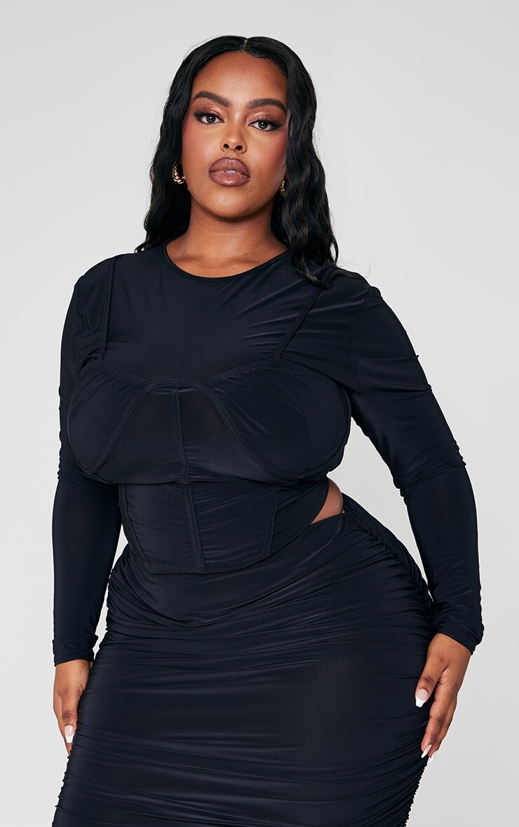 

PrettyLittleThing Черный облегающий корсетный топ с длинными рукавами Plus