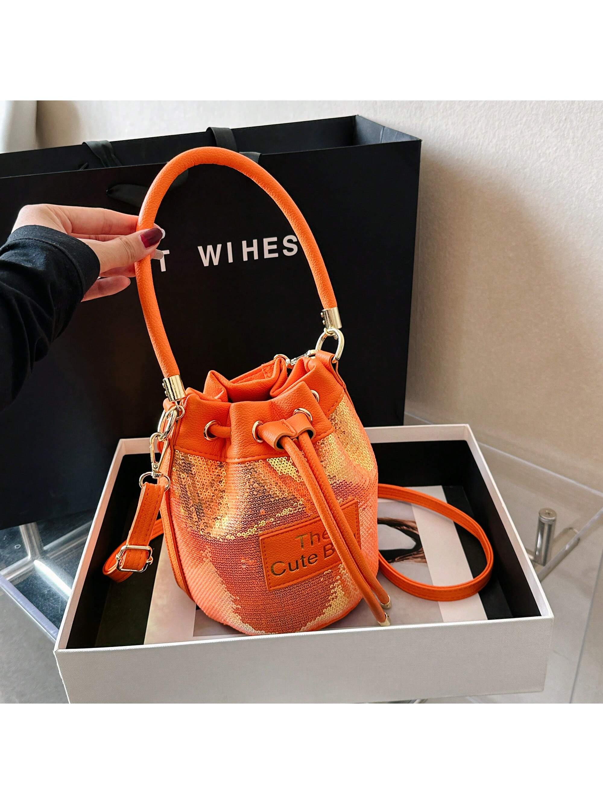 Новая весенне-летняя коллекция женской сумки-мешка с блестящими пайетками, жженый апельсин новая работа