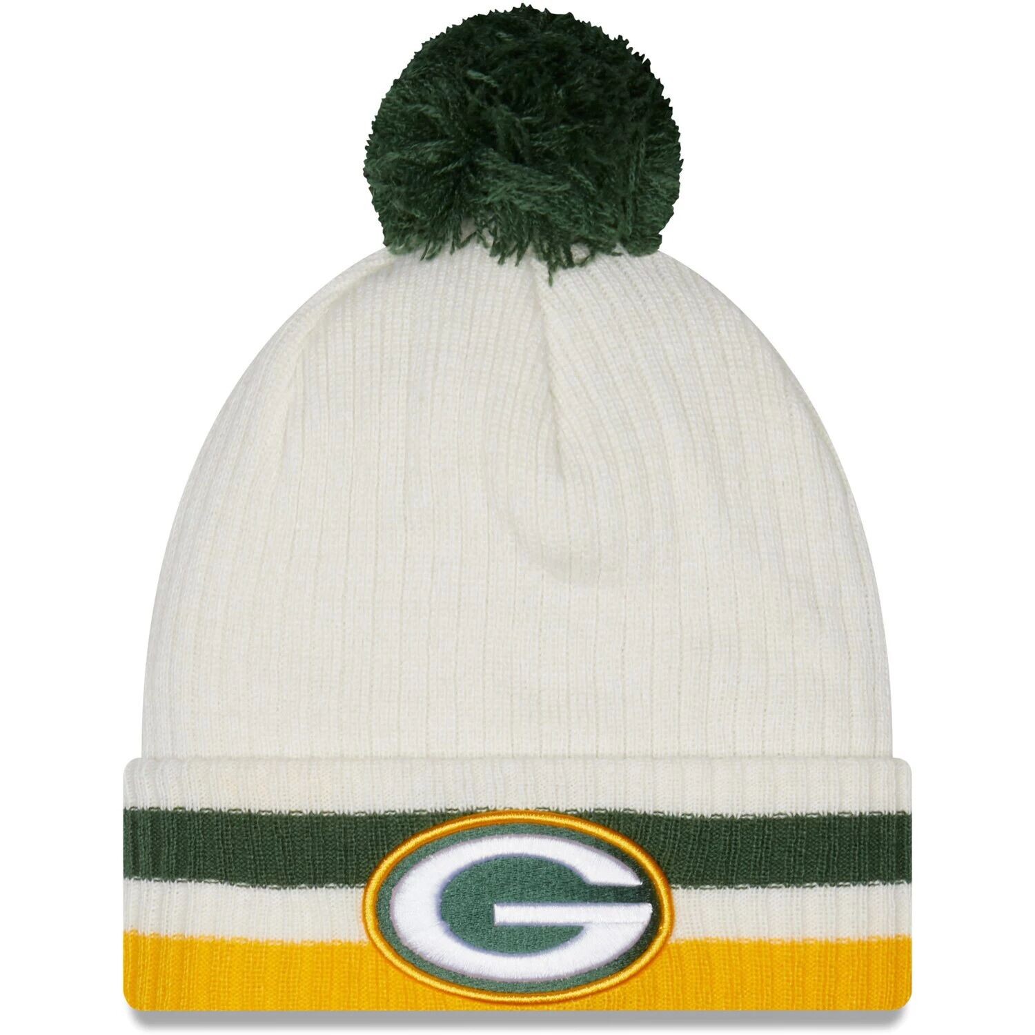

Мужская вязаная шапка New Era White Green Bay Packers в стиле ретро с манжетами и помпоном