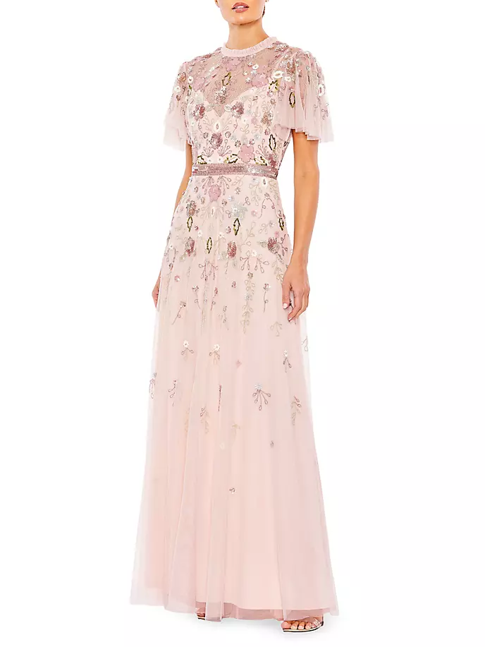 

Украшенное платье с высоким воротником и рукавами-бабочками Mac Duggal, цвет silver peony