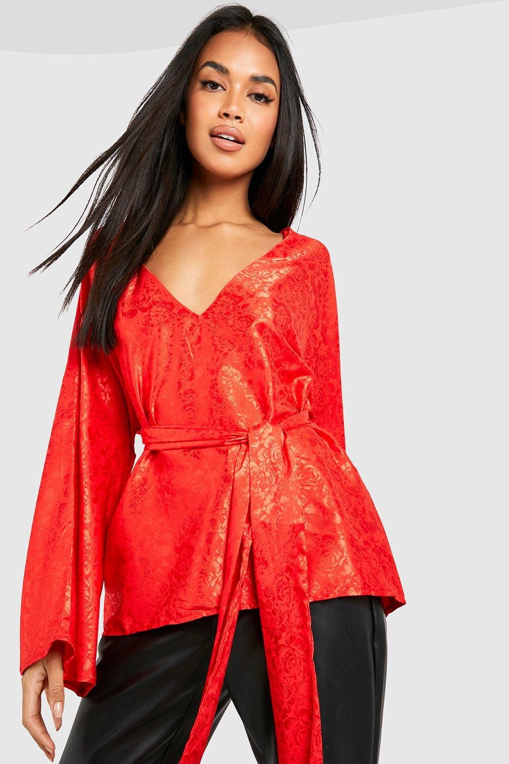 

Блузка-кимоно с жаккардовым завязком передним рукавом Boohoo, красный