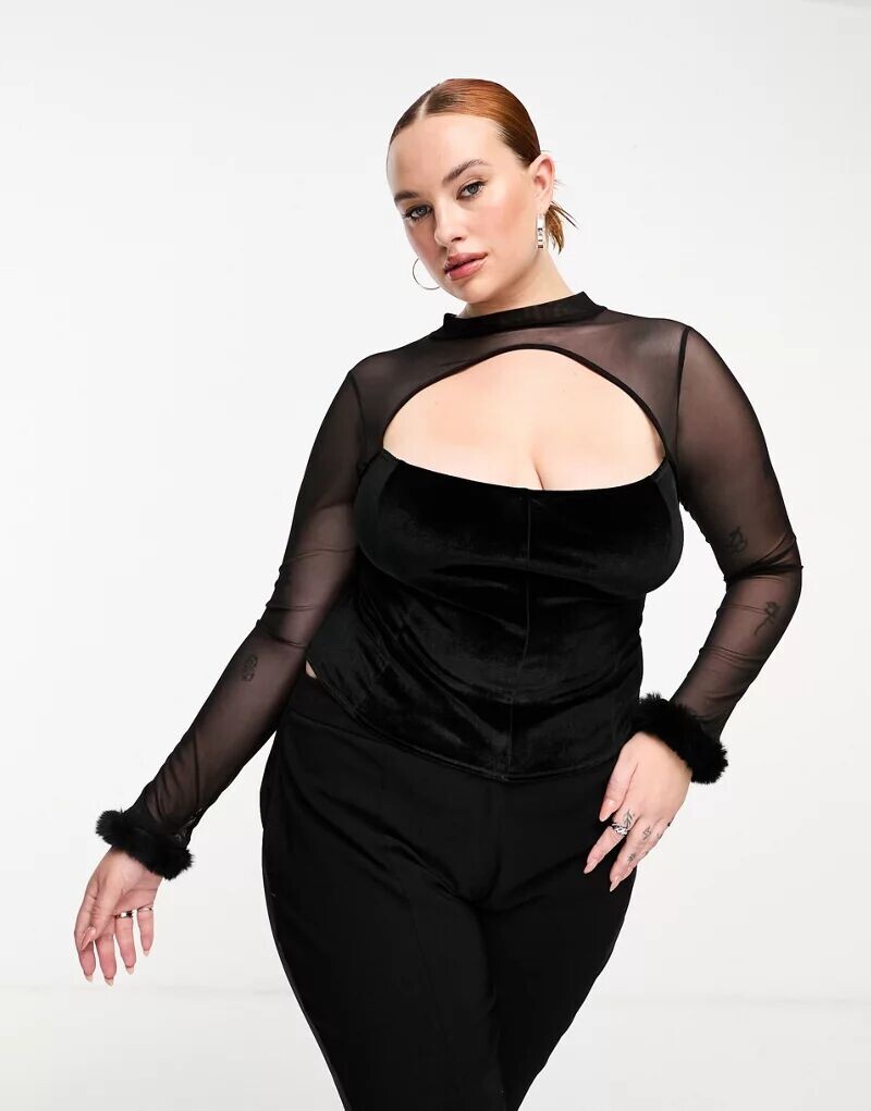 

Черный бархатный корсетный топ с сетчатыми рукавами ASOS Curve