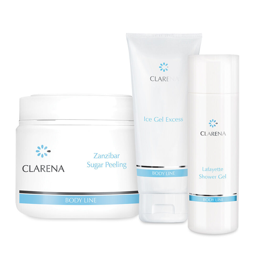 

Clarena Body набор: сахарный скраб для тела, 500 мл + охлаждающий гель для тела, 200 мл + гель для душа, 200 мл