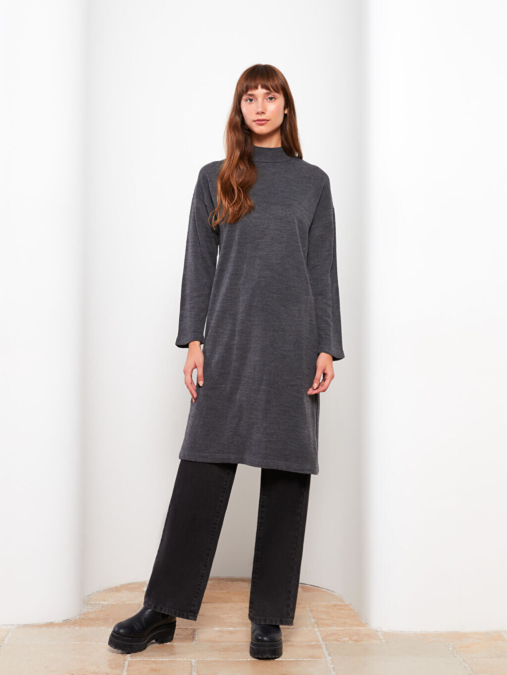 

Воротник-стойка Прямая женская трикотажная туника с длинным рукавом LCW Modest