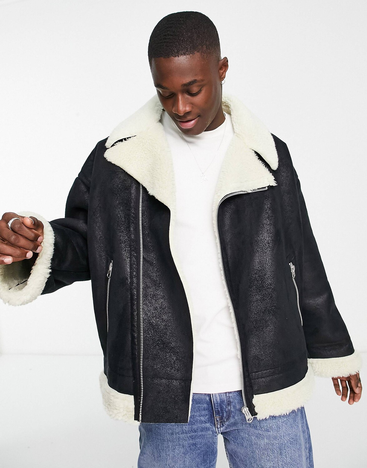 

Черная куртка-авиатор из искусственной овчины ASOS DESIGN, Черный