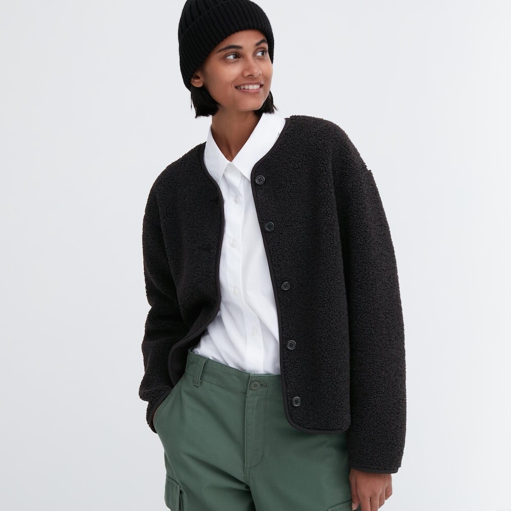 

Кардиган Uniqlo с круглым вырезом из искусственного шерпа с длинными рукавами, черный