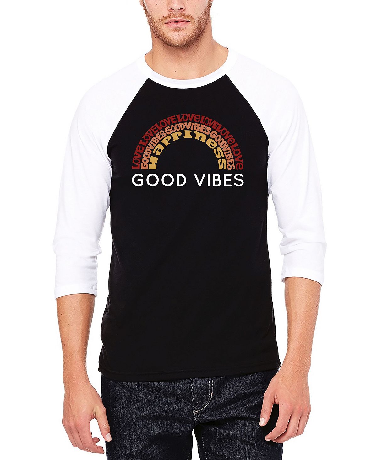 

Мужская футболка good vibes raglan baseball word art LA Pop Art, черно-белый, Черный