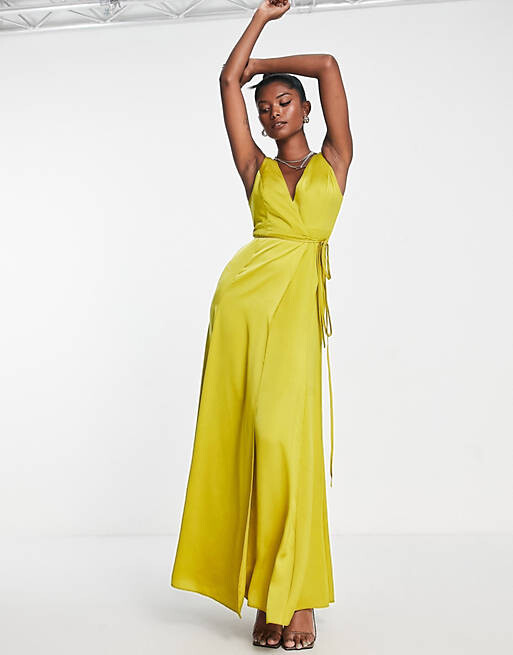 

Золотое атласное платье макси с запахом и завязкой на талии ASOS DESIGN, Желтый