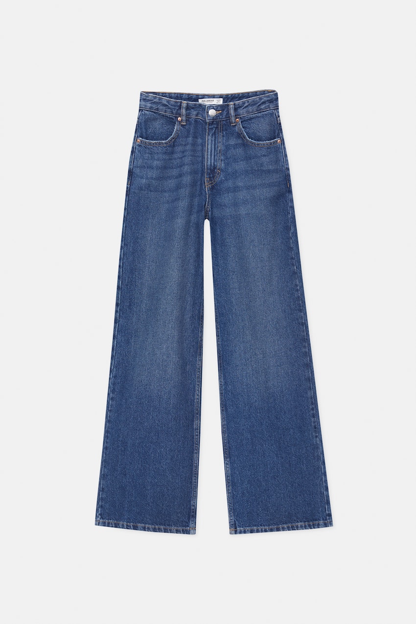 Широкие джинсы с высокой посадкой Pull&Bear, темно-синий