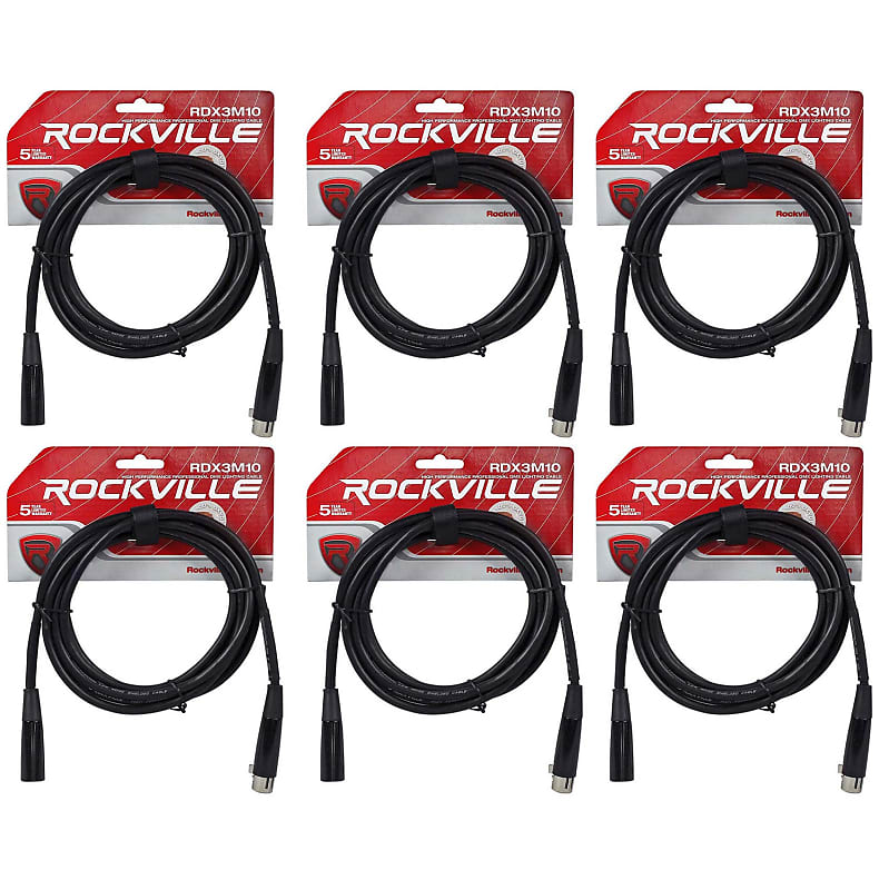 цена (6) Rockville RDX3M10 10-футовые 3-контактные кабели освещения DMX, 100 % OFC, гнездо 2, штекер (6) RDX3M10